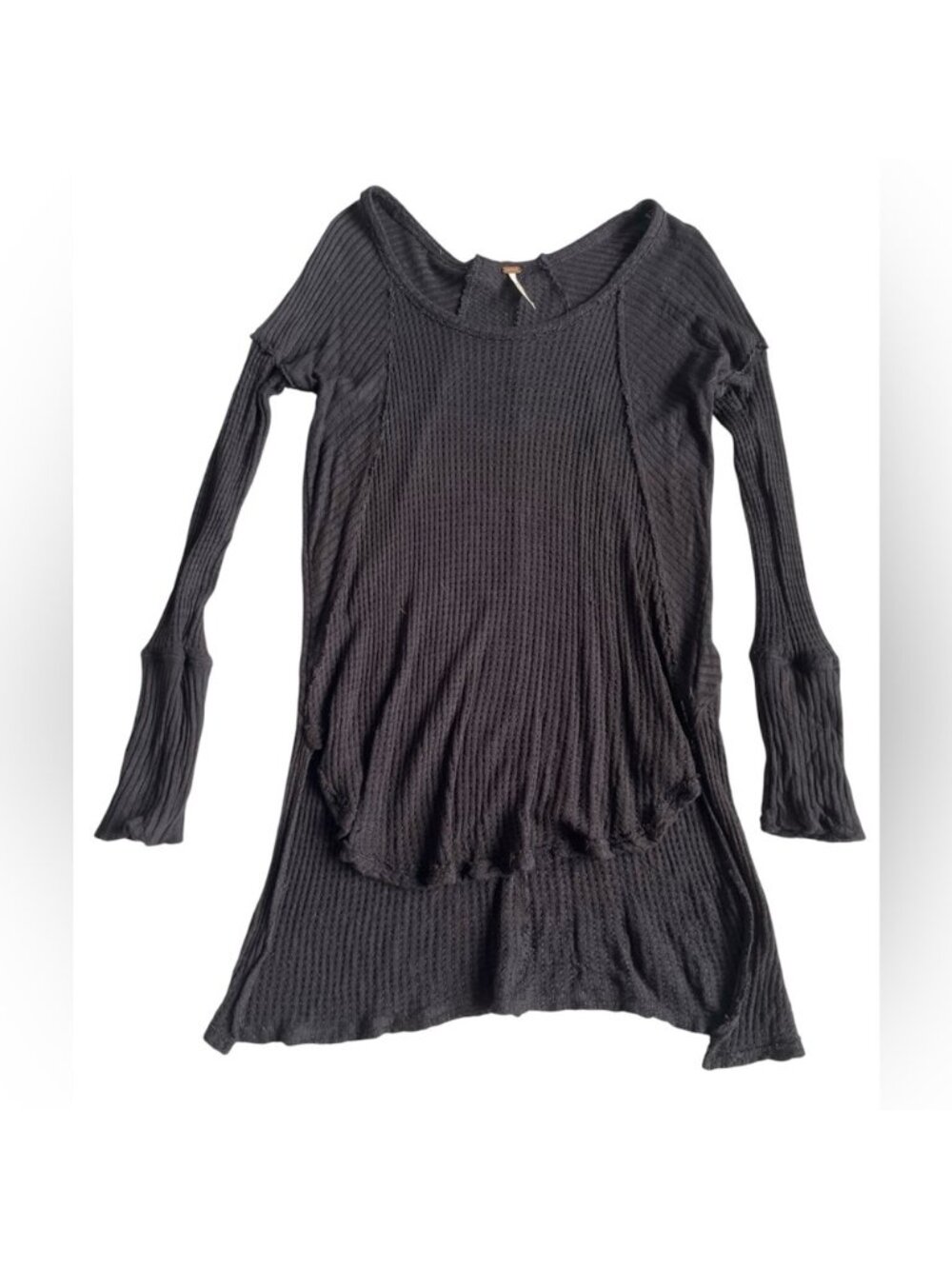 Black long sleeve high low thermal waffle knit